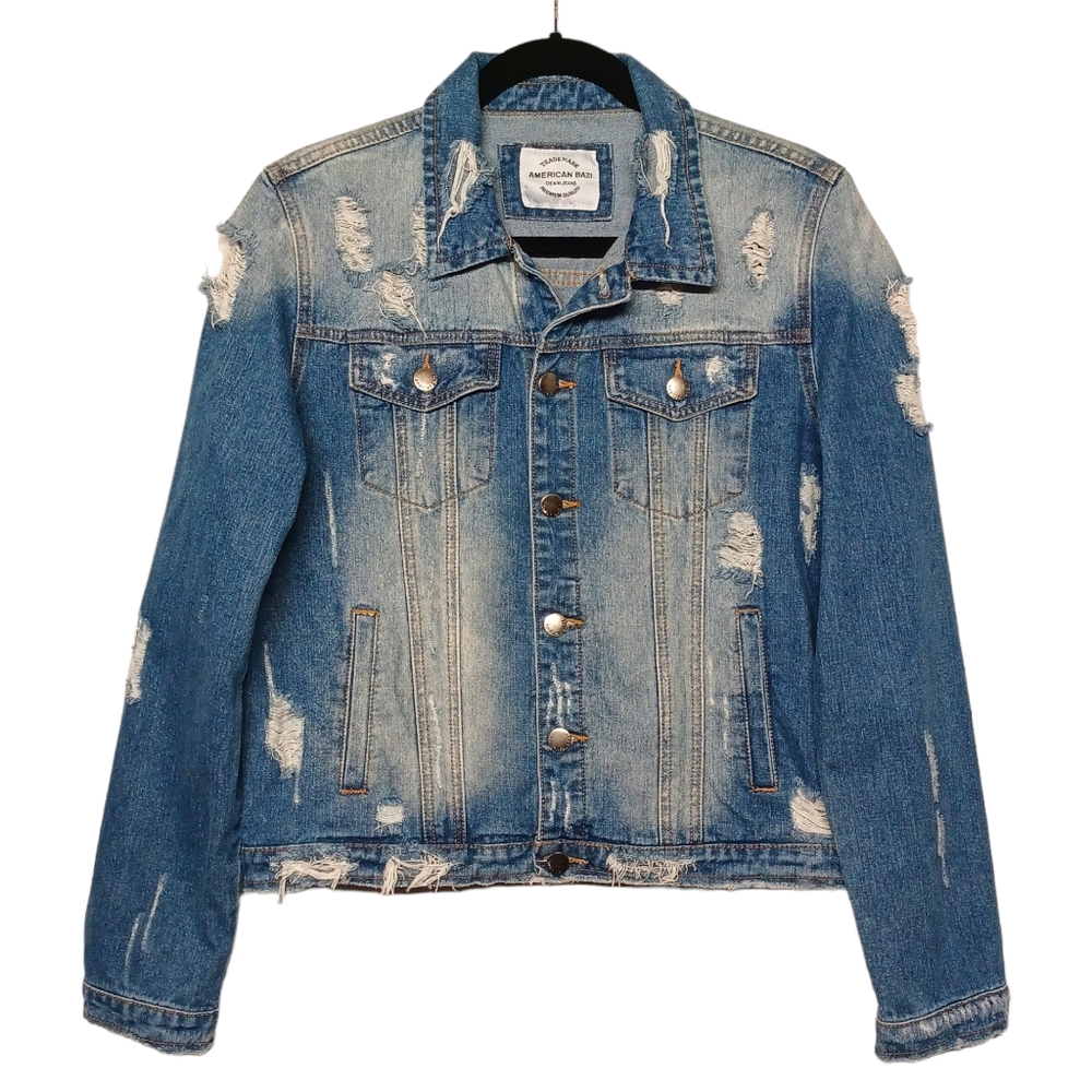 AMERICAN BAZI Distressed Long Sleeve Button Front Denim Jean Jacket Medium